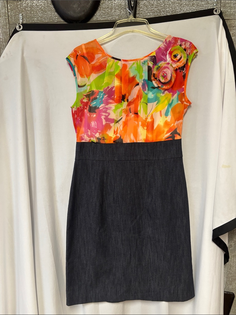 AGB Floral Orange Pink Green Colorblock Midi Dress
